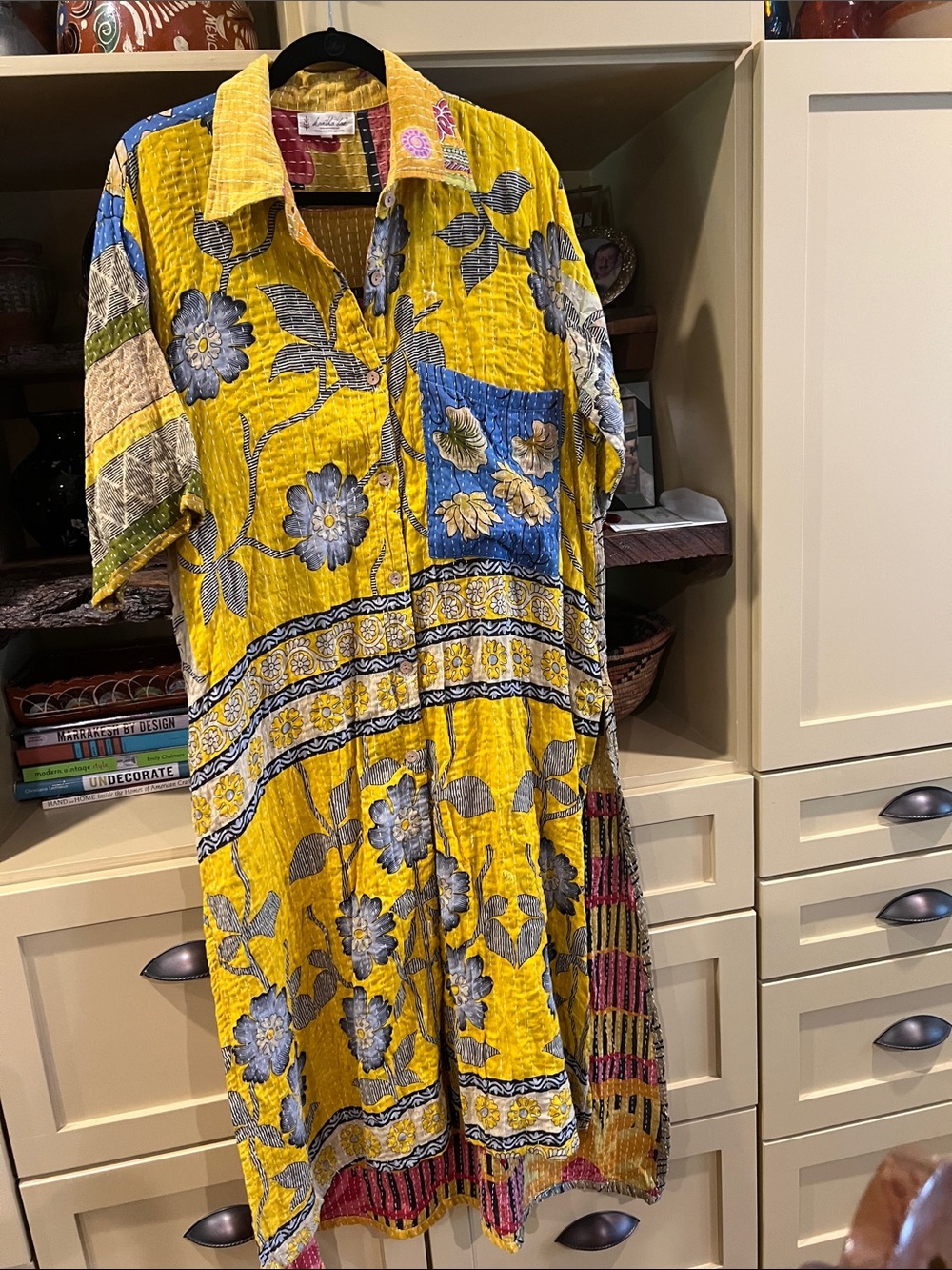 Yellow Floral Midi Dress with Blue Accents